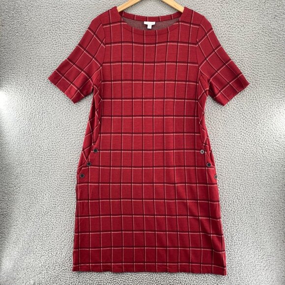 J Jill Dress Womens Large Red Plaid Ponte T Shirt Pockets Short Sleeve Stretch - Picture 1 of 10